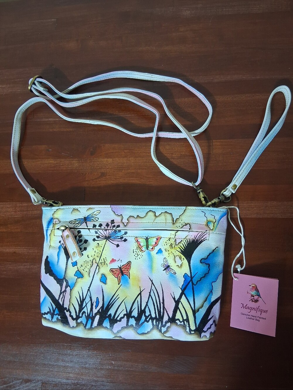 Magnifique Leather Handpainted Butterfly Floral Watercolor Crossbody Bag
